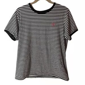 RALPH LAUREN FINE STRIPED T SHIRT NAVY RED LOGO SIZE S
